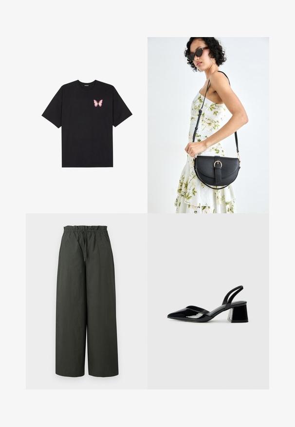 Black cotton t-shirt with short sleeves, featuring a small pink butterfly graphic on the left chest. Crew neck design with a relaxed fit.; Wide-leg trousers in dark green fabric, featuring an elastic waistband and smooth texture, without visible hardware or patterns.; Black patent leather slingback heels with a pointed toe and a geometric block heel. Features a sleek, minimal design and smooth texture.; Black leather handbag with a curved shape, detachable strap, and gold hardware. The bag features a flap with a buckle detail.