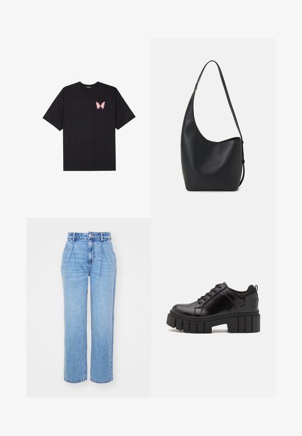 Juodas medvilnės marškinėliai trumpomis rankovėmis, su maža rožine drugelio grafika kairėje krūtinės pusėje. Apvalus kaklo iškirpimas, laisvas kirpimas.; Šviesiai mėlynos džinsinės kelnės su aukštu liemeniu, plačiais sijonais ir priekiniu raukšlėjimu. Yra tipinė siuvimo dekoracija ir užsegimas mygtuku ties liemeniu.; Juodi odiniai platformos batai su masyviu blokuota kulniuku, apvalia nosimi ir tradiciniu šnypštimo dizainu. Turintys glotnų paviršių ir minimalų dekoravimą.; Juodas odinis hobo maišas su lygiu paviršiumi, kreipta forma ir viena reguliuojama rankena; turi platų atidarymą viršuje.