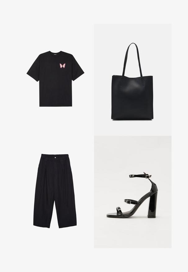 Sort bomulds T-shirt med korte ærmer, prydet med en lille pink sommerfugl grafik på venstre bryst. Rund hals design med en afslappet pasform.; Sorte polyester culotte bukser med elastisk talje, to forpiber og en løs silhuet. Ingen synlige mønstre eller hardware detaljer.; Sorte patenterede hælsandaler med firkantet tå, ankelremme og sølvspænder. Har en chunky blokHæl for stabilitet.; Sort læder tote taske med glat tekstur, rektangulær form og to lange hanke. Ingen synlig hardware eller udsmykninger.