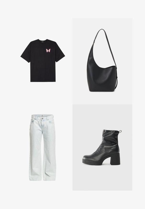 Črna bombažna majica s kratkimi rokavi, ki ima majhen roza metuljček na levi strani prsnega dela. Majica s krožnim ovratnikom in sproščenim krojem.; Svijetloplave široke traperice od denima, s kopčanjem na gumbe, pet džepova i blago izblijedjelom teksturom po cijeloj površini.; Črne gležnjarje iz gladke kože z božnim zadrgo, masivnim teksturiranim peto in zaobljeno obliko prstov.; Črna usnjena hobo torba z gladko teksturo, ukrivljeno obliko in eno nastavljivo naramnico; ima širok odprtina na vrhu.