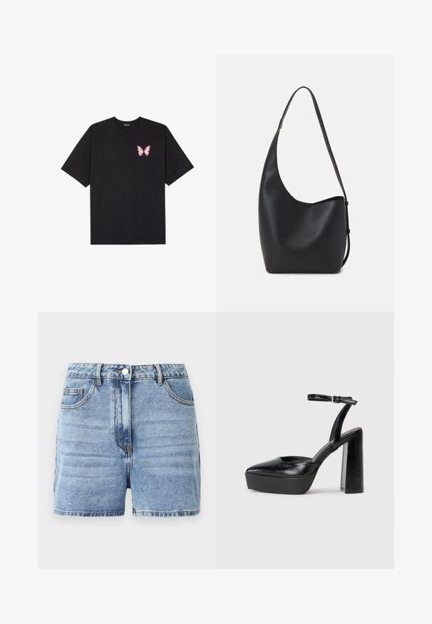 Črna bombažna majica s kratkimi rokavi, ki ima majhen roza metuljček na levi strani prsnega dela. Majica s krožnim ovratnikom in sproščenim krojem.; Svetlo modri jeans kratki hlače z visokim pasom, sprednjim gumbom in enim sprednjim žepom. Imajo šivane šive in klasičen kroj.; Črne platforme z visokimi petami in koničastim nosom ter nastavljivim gležnjenjskim trakom. Narejene iz gladke usnje, s kockasto peto.; Črna usnjena hobo torba z gladko teksturo, ukrivljeno obliko in eno nastavljivo naramnico; ima širok odprtina na vrhu.