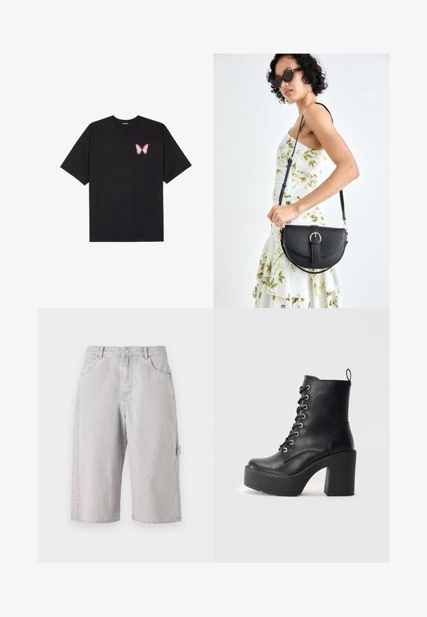 Fekete pamut póló rövid ujjakkal, bal mellkason egy kis rózsaszín pillangó grafikával. Kerek nyakú kialakítás, laza fazonnal.; Világosszürke farmer rövidnadrág laza szabással, öt zsebes kialakítással és oldalsó cargo zsebbel. Texturált anyag finom fakulttással.; Fekete bőr bokacsizma vastag blokk sarkkal, fűzős elejével és texturált felületével. Hátul található egy fülecske, ami megkönnyíti a felhúzást.; Fekete bőrtáska ívelt formával, levehető pánttal és arany színű fémrészekkel. A táskán egy csattal díszített fedél található.
