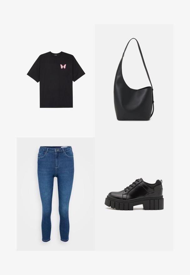 T-shirt de algodão preto com mangas curtas, apresentando um pequeno gráfico de borboleta rosa no lado esquerdo do peito. Design de gola redonda com um corte solto.; Jeans de ganga azuis com um design justo, apresentando um estilo clássico de cinco bolsos, fecho de cremalheira e ligeiros detalhes de lavagem para textura.; Sapatos de plataforma em couro preto com um salto bloco robusto, bico redondo e design clássico de atacadores. Apresentam uma textura suave e detalhes mínimos.; Saco hobo preto em pele com uma textura lisa, forma curva e uma única alça ajustável; apresenta uma abertura larga na parte de cima.