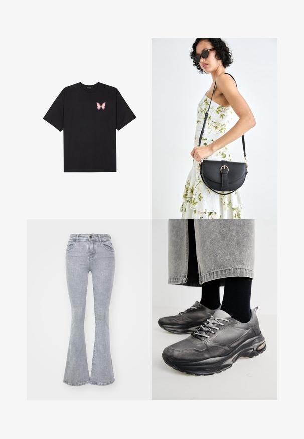 Svart bomulls T-skjorte med korte ermer, med en liten rosa sommerfugl grafikk på venstre bryst. Crew-neck design med en avslappet passform.; Grå utsvingte jeans laget av denim med en glatt tekstur, med høy midje, fem lommer og knappelukking.; Sorte og grå treningssko har en mesh-overdel, tykke såler og snøring. De har en rund tå og synlige dempe detaljer.; Svart lærveske med en buet form, avtagbar stropp og gullbeslag. Vesken har et klaff med spenne-detall.