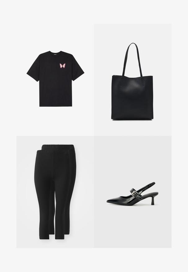 Svart bomulls T-skjorte med korte ermer, med en liten rosa sommerfugl grafikk på venstre bryst. Crew-neck design med en avslappet passform.; Svart leggings med elastisk midjebånd, med en glatt tekstur, lengde til midten av leggen, og uten synlige mønstre eller dekorasjoner.; Svarte patent lær slingback hæler med spiss tå og en liten blokkheel, med en sølvspenne som detalj på stroppen.; Svart lær tote bag med glatt tekstur, rektangulær form og to lange håndtak. Ingen synlige deler eller dekorasjoner.