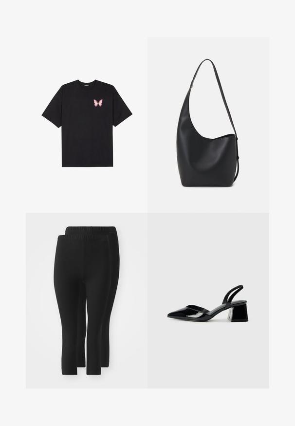 Crna pamučna majica s kratkim rukavima, s malim grafičkim prikazom ružičaste vjetricaste s desne strane na prsima. Dizajn s okruglim izrezom i opuštenim krojem.; Crne tajice s elastičnim pojasom, s glatkom teksturom, dužine do sredine lista, bez vidljivih uzoraka ili ukrasa.; Crne lakirane kožne sandale s otvorenom petom i špicastim vrhom, s geometrijskom blok petom. Imaju elegantan, minimalistički dizajn i glatku teksturu.; Crna kožna hobo torba s glatkom teksturom, zakrivljenim oblikom i jednom podesivom trakicom; ima širok otvor na vrhu.
