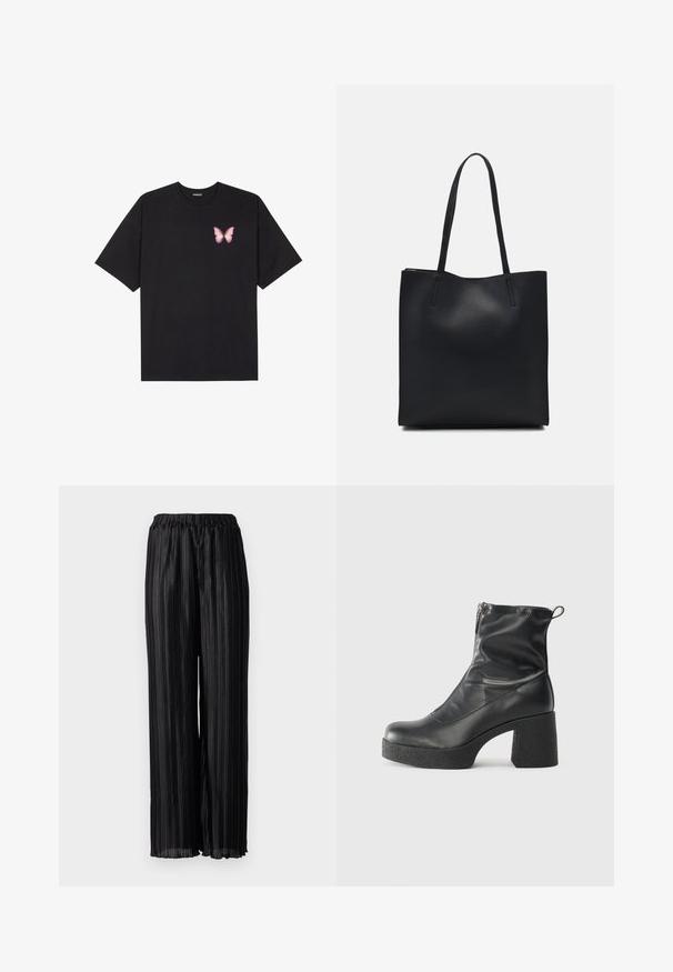 Melna kokvilnas T-krekls ar īsām piedurknēm, kuram priekšā kreisajā pusē ir neliels rozā tauriņa grafiskais attēls. Ar apaļu kaklu un brīvā stila piegriezumu.; Melnas plīšu platās kājas bikses ar elastīgu jostasvietu, izgatavotas no spīdīga auduma, kas uzsver tekstūru un kritumu.; Melni potītes zābaki, kas izgatavoti no gludas ādas, ar sānu rāvējslēdzēju, masīvu strukturētu papēdi un noapaļotu purngalu.; Melnas ādas somiņa ar gludu tekstūru, taisnstūra formu un divām garām rokturiem. Nav redzamu aparatūras vai rotājumu.