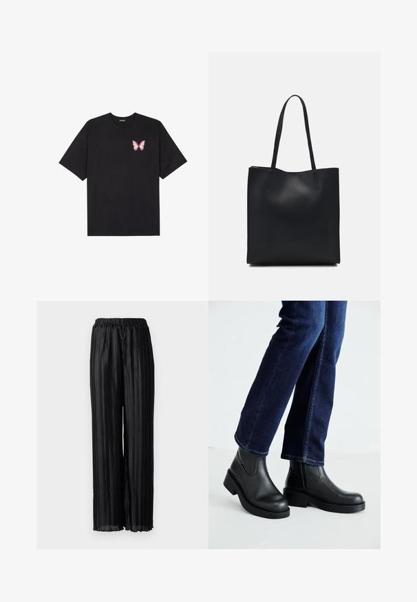 Black cotton t-shirt with short sleeves, featuring a small pink butterfly graphic on the left chest. Crew neck design with a relaxed fit.; Black pleated wide-leg trousers with an elastic waistband, made from a shiny fabric that enhances the texture and drape.; Black leather ankle boots with a chunky sole and side elastic panels, paired with dark blue jeans. The ground is light-colored.; Black leather tote bag with smooth texture, rectangular shape, and two long handles. No visible hardware or embellishments.