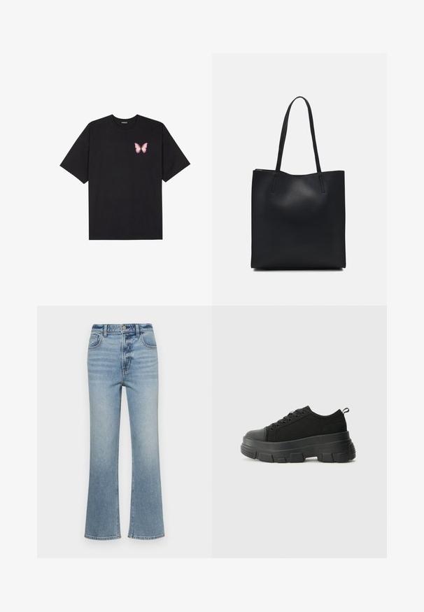 T-shirt de algodão preto com mangas curtas, apresentando um pequeno gráfico de borboleta rosa no lado esquerdo do peito. Design de gola redonda com um corte solto.; Calças flare de denim azul claro, com uma cintura alta, cinco bolsos e um leve desbotamento. As bainhas estão ligeiramente desfiadas.; Sneakers pretos com sola de borracha robusta, parte superior de tecido texturizado, bico redondo e design de atacadores. Apresenta ilhós reforçados e uma alça na parte posterior.; Bolsa tote preta em couro com textura lisa, forma retangular e duas alças longas. Sem hardware ou enfeites visíveis.