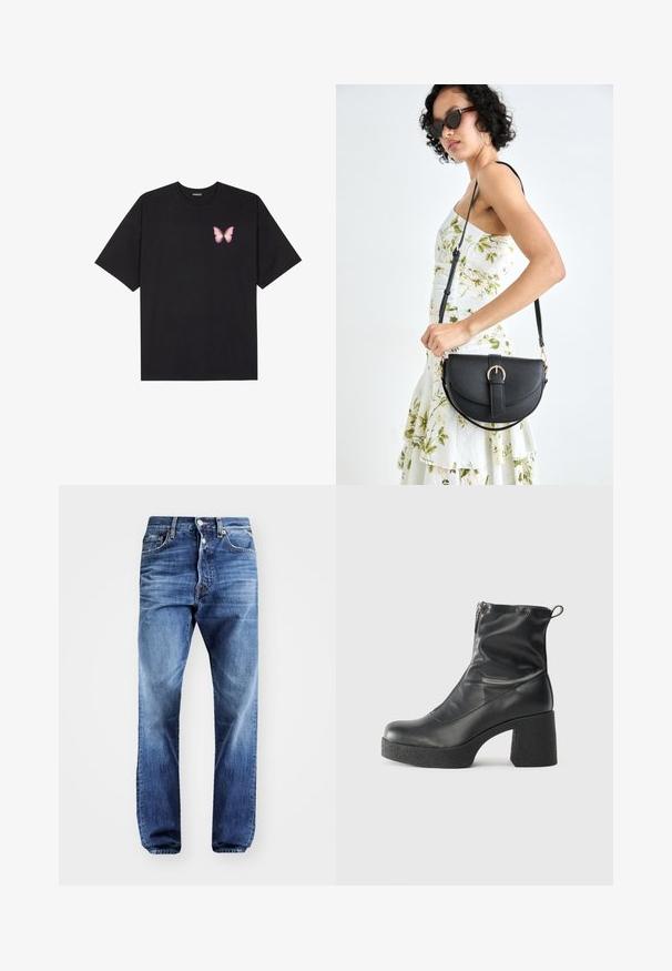 Musta puuvillapaita lyhyillä hihoilla, jossa on pieni vaaleanpunainen perhosgrafiikka vasemmassa rinnassa. Pyöreä kaula-aukko ja rento istuvuus.; Vaaleansiniset farkut, joissa on suora malli, viisi taskua ja nappisuljenta. Haalistunut pinta, jossa on hienovarainen kulutusedustus.; Mustat nilkkurit, jotka on valmistettu sileästä nahasta. Niissä on sivuvetoketju, paksu teksturoitu korko ja pyöristetty kärki.; Musta nahkainen käsilaukku, joka on kaareva muotoilultaan, irrotettavalla hihnalla ja kultaisilla yksityiskohdilla. Laukussa on läppä, jossa on solk yksityiskohta.