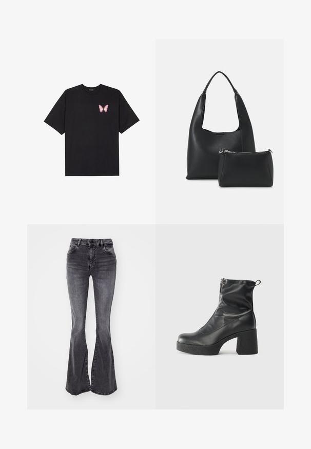 Μαύρο βαμβακερό μπλουζάκι με κοντά μανίκια, διαθέτοντας ένα μικρό ροζ γραφικό πεταλούδας στο αριστερό στήθος. Σχέδιο με στρογγυλή λαιμόκοψη και άνετη εφαρμογή.; Γκρίζα τζιν παντελόνια με φαρδιά γραμμή, φτιαγμένα από τζιν, με ψηλή μέση, δύο μπροστινές τσέπες και σκισίματα στο κάτω μέρος κάθε ποδιού. Λεπτομέρεια με ακατέργαστο στρίφωμα.; Μαύρες μποτές μέχρι τον αστράγαλο από λείο δέρμα, με πλευρικό φερμουάρ, χοντρό υφασμάτινο τακούνι και στρογγυλή μύτη.; Even&Odd Τσάντα χειρός - black