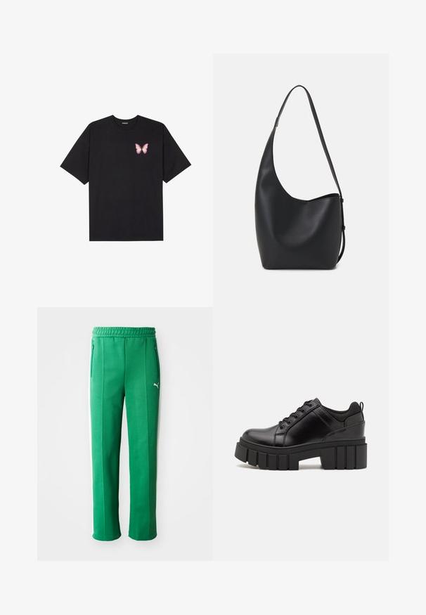 T-shirt de algodão preto com mangas curtas, apresentando um pequeno gráfico de borboleta rosa no lado esquerdo do peito. Design de gola redonda com um corte solto.; Calças desportivas verdes com um acabamento texturizado, cintura elástica, bolsos laterais e riscas brancas nas laterais. Logótipo da marca visível na frente.; Sapatos de plataforma em couro preto com um salto bloco robusto, bico redondo e design clássico de atacadores. Apresentam uma textura suave e detalhes mínimos.; Saco hobo preto em pele com uma textura lisa, forma curva e uma única alça ajustável; apresenta uma abertura larga na parte de cima.