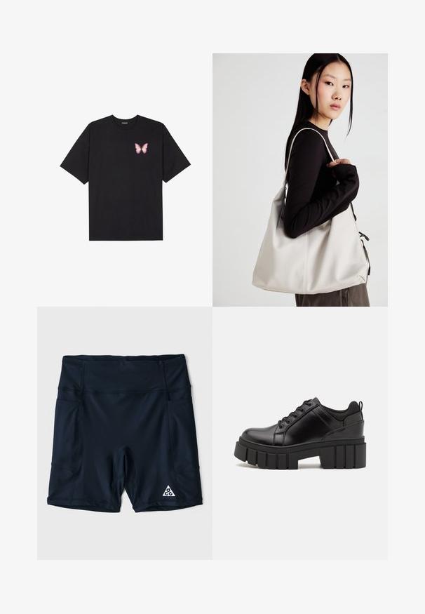 Svart bomulls T-skjorte med korte ermer, med en liten rosa sommerfugl grafikk på venstre bryst. Crew-neck design med en avslappet passform.; Marineblå treningsshorts laget av stretchmateriale, med høy midje, sidelommer og en hvit logo nederst til høyre.; Svarte lærplattformsko med kraftig blokkhell, rund tå og tradisjonell snøring. Har en jevn tekstur og minimal detaljering.; Beige håndveske laget av mykt materiale, med en slapp design, sydd detaljer og to skulderstropper. Passer for daglig bruk.