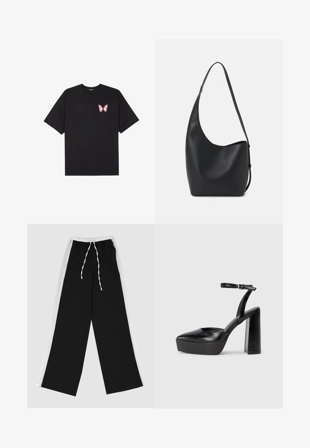 T-shirt de algodão preto com mangas curtas, apresentando um pequeno gráfico de borboleta rosa no lado esquerdo do peito. Design de gola redonda com um corte solto.; Calças largas pretas com uma faixa lateral branca, cintura elástica e cordão. Feitas de um tecido suave e liso para conforto.; Saltos altos pretos com bico fino e atilho ajustável no tornozelo. Confeccionados em couro suave, apresentam um salto bloco robusto.; Saco hobo preto em pele com uma textura lisa, forma curva e uma única alça ajustável; apresenta uma abertura larga na parte de cima.
