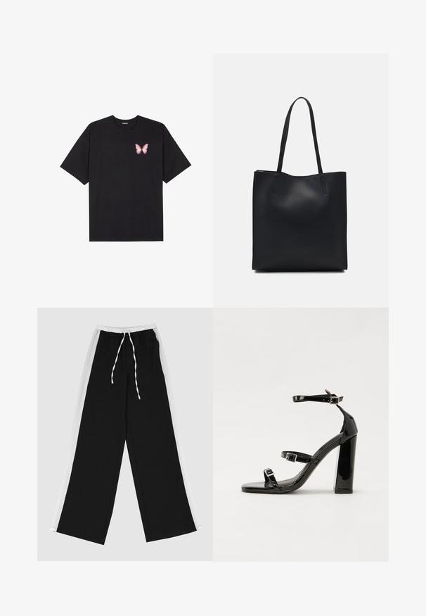 Schwarzes Baumwoll-T-Shirt mit kurzen Ärmeln, das ein kleines pinkes Schmetterlingsmotiv auf der linken Brust zeigt. Crewneck-Design mit einem entspannten Schnitt.; Schwarze weit geschnittene Hose mit weißen Seitenstreifen, elastischem Bund und Kordelzug. Hergestellt aus weichem, glattem Stoff für Komfort.; Schwarze patentierte Sandalen mit Absatz, quadratischer Spitze, Knöchelriemen und silbernen Schnallen. Mit einem stabilen Blockabsatz für mehr Stabilität.; Schwarze Laptoptasche aus Leder mit glatter Textur, rechteckiger Form und zwei langen Griffen. Keine sichtbaren Beschläge oder Verzierungen.