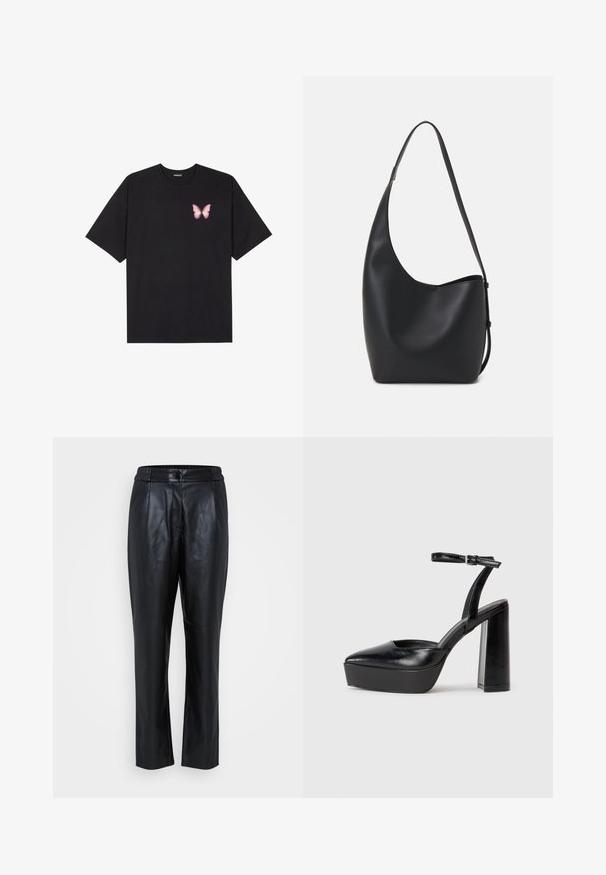 Black cotton t-shirt with short sleeves, featuring a small pink butterfly graphic on the left chest. Crew neck design with a relaxed fit.; Black leather pants with a smooth texture, tapered leg design, elastic waistband, and front seam details. Suitable for casual or formal wear.; Black platform heels with a pointed toe and adjustable ankle strap. Constructed from smooth leather, featuring a chunky block heel.; Black leather hobo bag with a smooth texture, curved shape, and single adjustable strap; features a wide opening at the top.