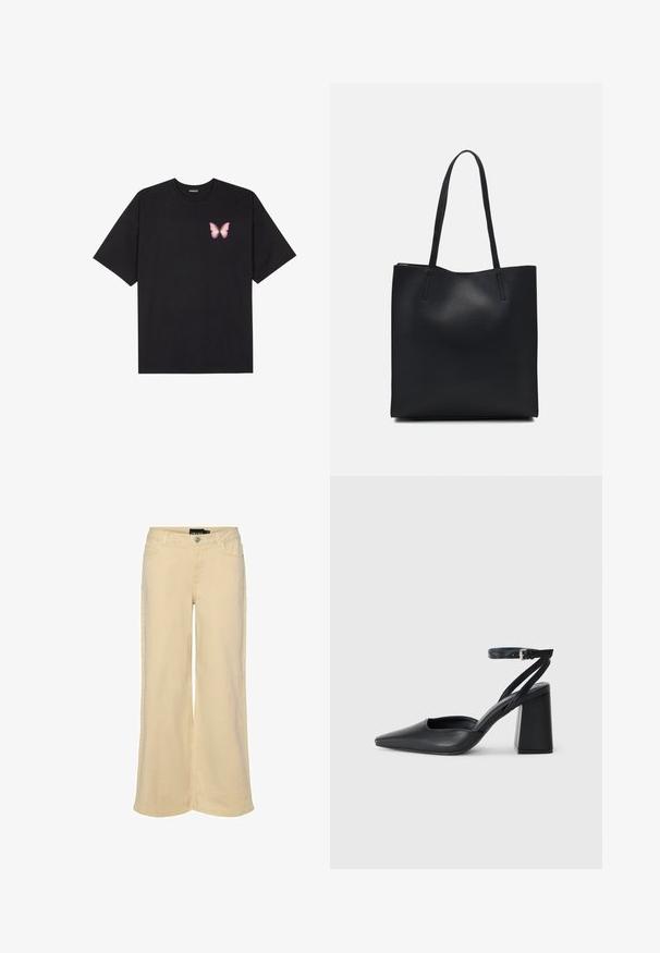 T-shirt en coton noir à manches courtes, avec un petit graphique de papillon rose sur la poitrine gauche. Modèle à col rond avec une coupe décontractée.; Pantalons beige à jambes larges en mélange de coton, avec une fermeture à bouton, cinq poches et des coutures contrastantes le long des coutures.; Escarpin noir en cuir à bout pointu avec une bride de cheville et un talon épais. Texture lisse, design élégant et esthétique minimaliste.; Sac fourre-tout en cuir noir avec une texture lisse, de forme rectangulaire et deux longues poignées. Pas de matériel ou d'ornementations visibles.
