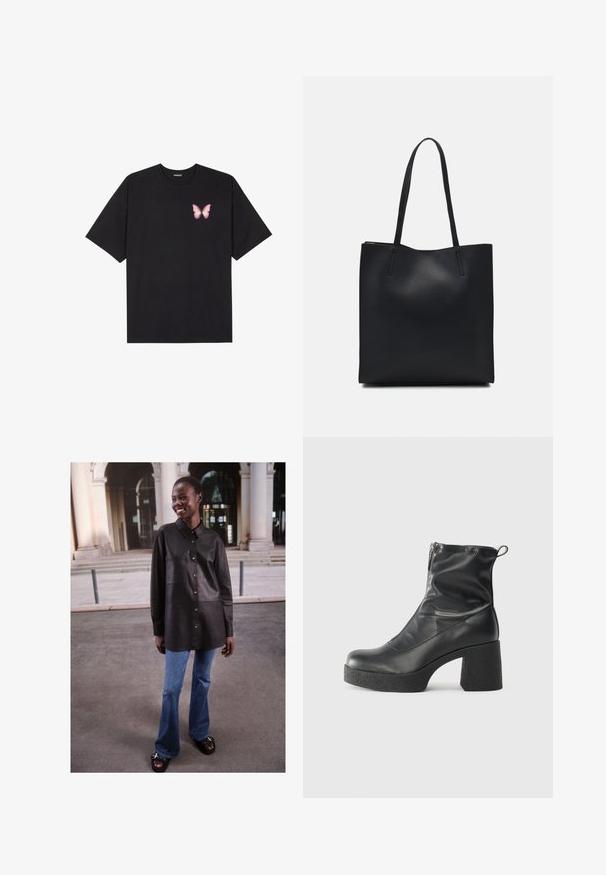 Svart bomulls T-skjorte med korte ermer, med en liten rosa sommerfugl grafikk på venstre bryst. Crew-neck design med en avslappet passform.; Svart skinnskjorte med knappelukking, krage-design og frontlomme, i kombinasjon med utslåtte blå denimjeans og svarte sandaler.; Svarte ankelstøvler laget av glatt lær, med glidelås på siden, chunky strukturert hæl, og rund tå-design.; Svart lær tote bag med glatt tekstur, rektangulær form og to lange håndtak. Ingen synlige deler eller dekorasjoner.