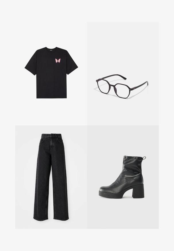 Tricou negru din bumbac cu mâneci scurte, având pe partea stângă a pieptului un mic grafic cu un fluture roz. Design cu guler rotund și croială lejeră.; Jeans negre cu talie înaltă și picior larg, fabricate din denim, având un design clasic cu cinci buzunare și detalii subtile de cusătură.; Bocanci negri de glezna din piele netedă, cu fermoar lateral, toc texturat și masiv, și design cu vârf rotund.; Ochelari de vedere din plastic negru, cu un cadru octogonal, având lentile transparente și accesorii metalice argintii pe partea din față și pe bradă.; Geantă de umăr din piele neagră, cu o formă lejeră și detalii de cusătură. Modelul poartă o bluză cu dungi roz și alb și jeans largi albaștri.