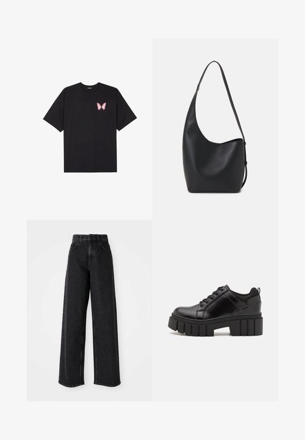 Crna pamučna majica s kratkim rukavima, s malim grafičkim prikazom ružičaste vjetricaste s desne strane na prsima. Dizajn s okruglim izrezom i opuštenim krojem.; Crne traperice visokog struka s širokim nogavicama, napravljene od denima, s klasičnim dizajnom s pet džepova i suptilnim detaljima šivanja.; Crne kožne platforme s debelim blok-peta, okruglim prstima i klasičnim dizajnom vezanja. Imaju gladak tekstur i minimalne detalje.; Crna kožna hobo torba s glatkom teksturom, zakrivljenim oblikom i jednom podesivom trakicom; ima širok otvor na vrhu.