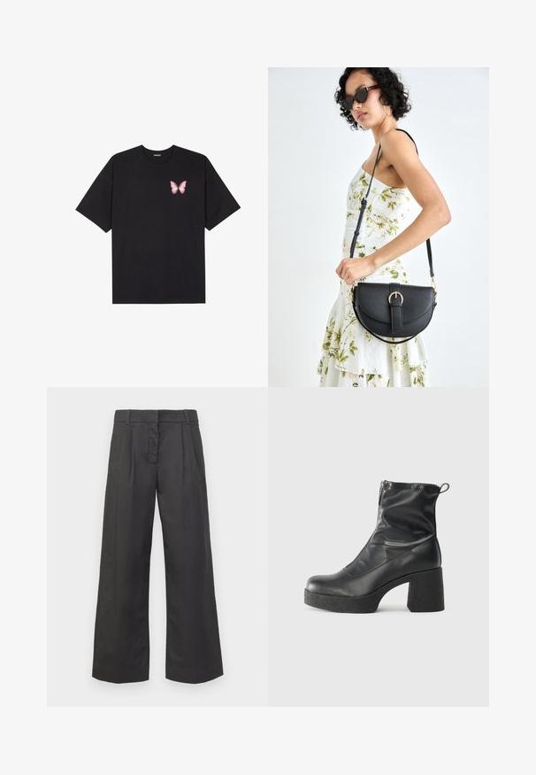 T-shirt nera in cotone con maniche corte, caratterizzata da una piccola grafica di una farfalla rosa sul lato sinistro del petto. Design a girocollo con una vestibilità rilassata.; Pantaloni a gamba larga in tessuto nero, caratterizzati da una vita alta, pieghe frontali e tasche sottili. Texture liscia con una finitura pulita.; Stivali neri alla caviglia in pelle liscia, con zip laterale, tacco spesso e texture, e punta arrotondata.; Borsa a tracolla nera in pelle con una forma curva, manico rimovibile e accessori dorati. La borsa presenta una patta con un dettaglio a fibbia.