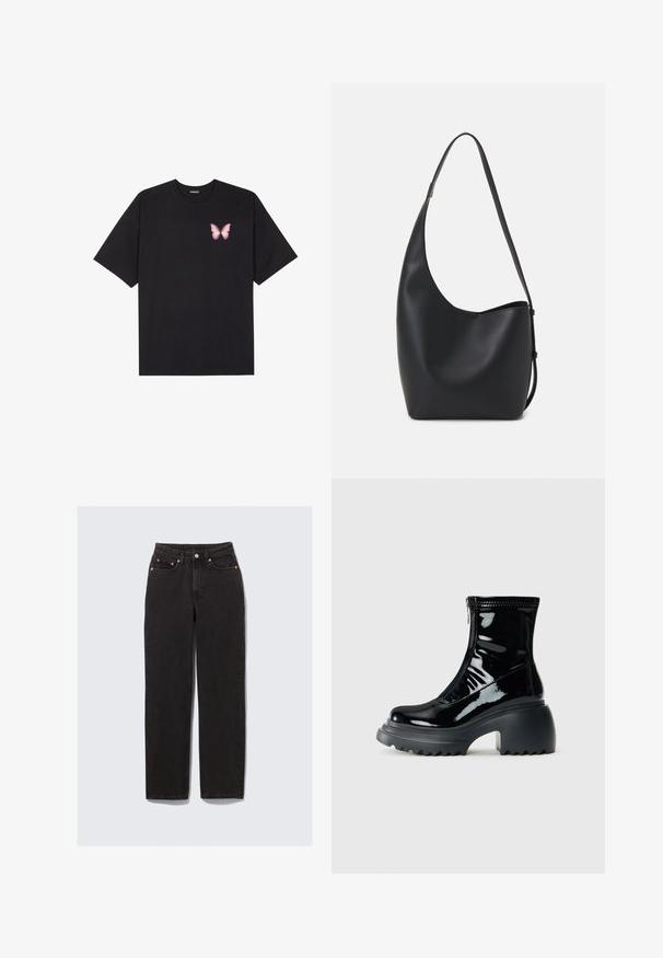 Tricou negru din bumbac cu mâneci scurte, având pe partea stângă a pieptului un mic grafic cu un fluture roz. Design cu guler rotund și croială lejeră.; Jeans negri din denim cu talie înaltă, picior drept, accente de hardware cupru, design cu cinci buzunare și detalii de cusătură vizibile.; Botină neagră lucioasă pe platformă, cu vârf rotund, toc masiv, închidere cu fermoar și talpă groasă cu striații, pe un fundal alb.; Geantă hobo din piele neagră, cu o textură netedă, formă curbată și un singur bretele ajustabil; are o deschidere largă în partea de sus.