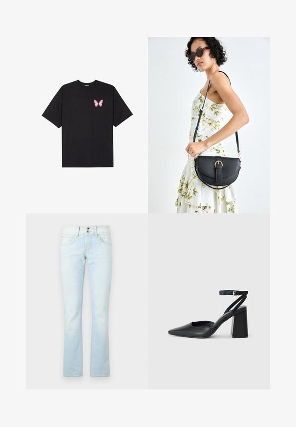 T-shirt de algodão preto com mangas curtas, apresentando um pequeno gráfico de borboleta rosa no lado esquerdo do peito. Design de gola redonda com um corte solto.; Jeans de brim azuis claros, com corte amplificado, apresentam um fecho de dois botões, cinco bolsos e detalhes ligeiramente desbotados por todo o tecido.; Sandal com biqueira afilada em couro preto, com cinta no tornozelo e salto grosso. Textura lisa, design elegante e estética minimalista.; Bolsa de couro preta com forma curva, alça destacável e detalhes em dourado. A bolsa possui uma aba com detalhe de fivela.
