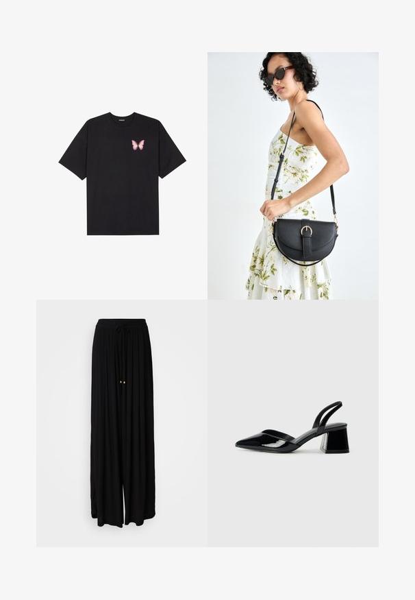 Čierne bavlnené tričko s krátkymi rukávmi, s malým ružovým motýlikom na ľavej hrudi. Design s okrúhlym výstrihom a uvoľneným strihom.; Čierne, široké nohavice vyrobené z plynulej látky. Majú pás na šnúrku a dva zlaté akcenty. Štruktúrovaný dizajn s záhybmi.; Čierne lakované kožené sandálové podpätky s špicatou špičkou a geometrickým blokovým podpätkom. Disponujú elegantným, minimalistickým dizajnom a hladkým povrchom.; Čierna kožená kabelka s zaobleným tvarom, odnímateľným popruhom a zlatými doplnkami. Kabelka má klopu s detailom s prackou.