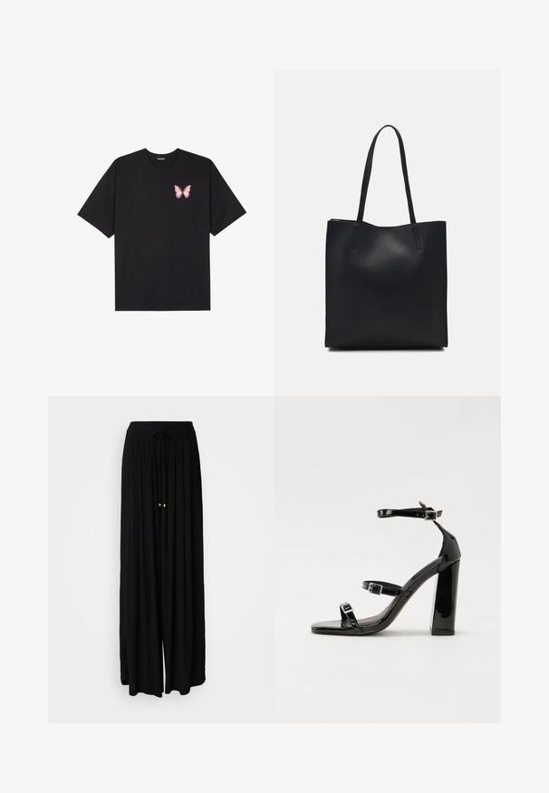 Černé bavlněné tričko s krátkým rukávem, na levém prsou s malou grafikou růžové motýlky. Design s kruhovým výstřihem a volným střihem.; Černé kalhoty s širokými nohavicemi vyrobené z lehkého materiálu. Mají stahovací pás a dva zlaté akcenty. Texturovaný design s záhyby.; Černé lakované sandály na podpatku se čtveratou špičkou, lýtkovými pásky a stříbrnými přezkami. Disponují masivním blokovým podpatkem pro stabilitu.; Černá kožená taška přes rameno s hladkým povrchem, obdélníkovým tvarem a dvěma dlouhými uchy. Žádné viditelné kování ani ozdoby.