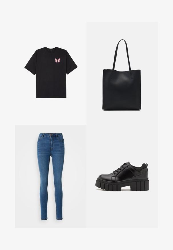 Črna bombažna majica s kratkimi rokavi, ki ima majhen roza metuljček na levi strani prsnega dela. Majica s krožnim ovratnikom in sproščenim krojem.; Slim jeans v srednje modrem denimu, z visokim pasom, sprednjimi žepi in subtilnim zbledeljem. Šivi v kontrastni zlati barvi.; Črne usnjene platforme z debelim blokastim petam, okroglo konico in klasičnim vezanjem. Imajo gladko teksturo in minimalne podrobnosti.; Črna usnjena torba s svilnato teksturo, pravokotne oblike in dvema dolgima ročajema. Brez vidnih metalnih delov ali okrasnih elementov.