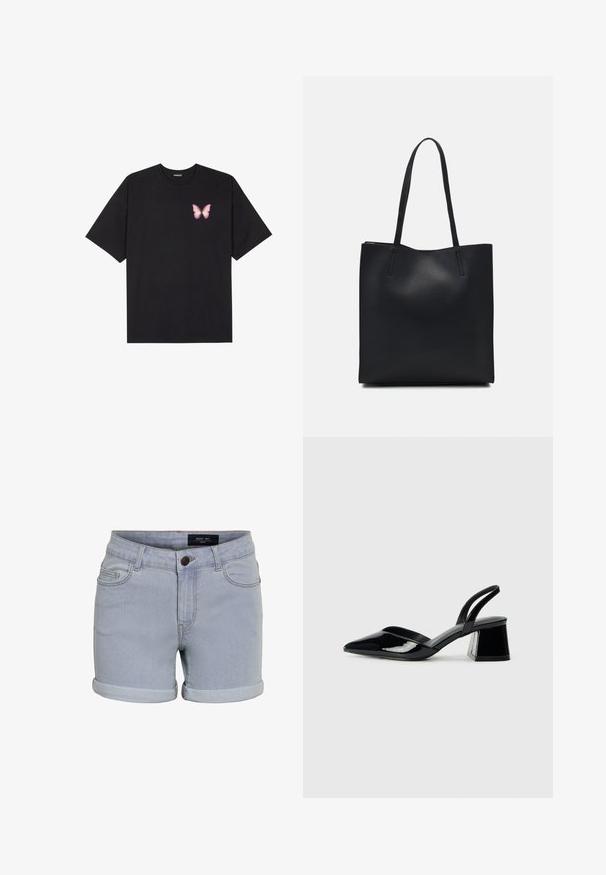 Svart bomulls T-skjorte med korte ermer, med en liten rosa sommerfugl grafikk på venstre bryst. Crew-neck design med en avslappet passform.; Lys blå denimshorts med oppbrett i kanten, med fem lommer og knappelukking. Stoffet har en jevn tekstur og subtile sømdetaljer.; Svarte patentlær slingback hæler med spiss tå og geometrisk blokk hæl. Har et stilrent, minimalistisk design og jevn tekstur.; Svart lær tote bag med glatt tekstur, rektangulær form og to lange håndtak. Ingen synlige deler eller dekorasjoner.