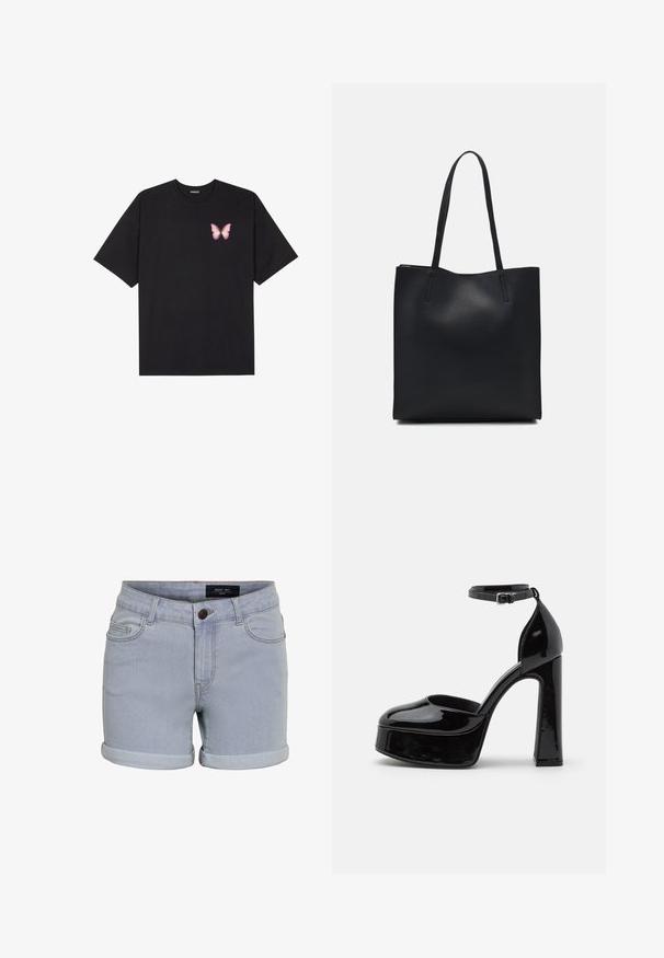Black cotton t-shirt with short sleeves, featuring a small pink butterfly graphic on the left chest. Crew neck design with a relaxed fit.; Light blue denim shorts with a rolled hem, featuring five pockets and a button closure. The fabric has a smooth texture and subtle stitching details.; Black patent leather platform heels with an ankle strap, rounded toe, and a block heel, showcasing a smooth, shiny texture.; Black leather tote bag with smooth texture, rectangular shape, and two long handles. No visible hardware or embellishments.
