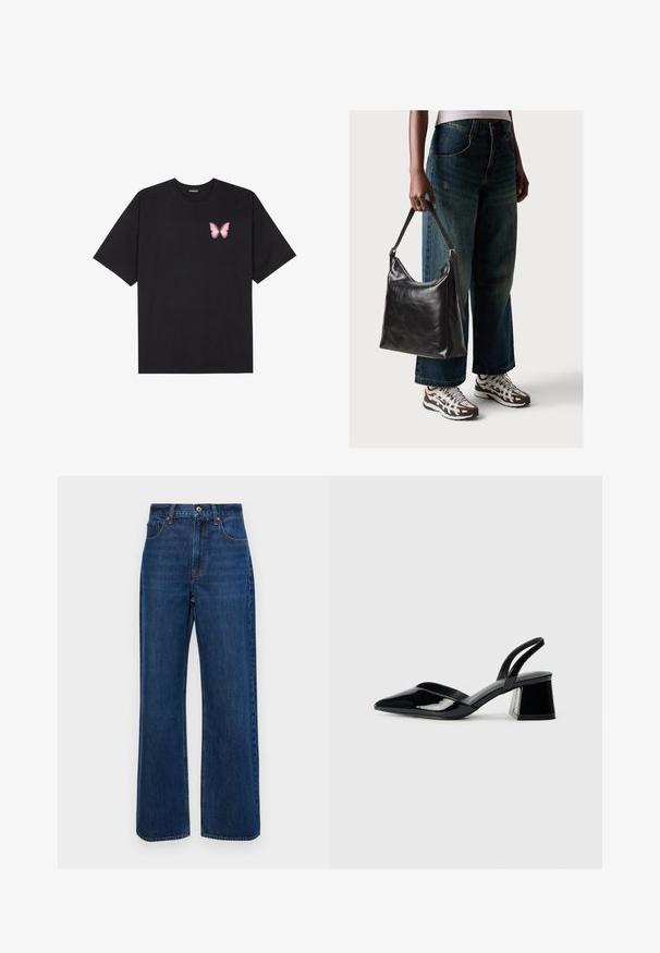 T-shirt en coton noir à manches courtes, avec un petit graphique de papillon rose sur la poitrine gauche. Modèle à col rond avec une coupe décontractée.; Jean large bleu foncé en denim, avec une taille haute, un design à cinq poches et des coutures visibles le long des coutures.; Escarpins en cuir verni noir avec bout pointu et talon bloc géométrique. Présente un design élégant et minimaliste ainsi qu'une texture lisse.; Sac à bandoulière en cuir noir avec une texture lisse et une bandoulière réglable, associé à un jean ample décoloré et des baskets de sport.