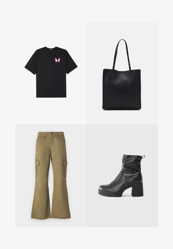 Svart bomullströja med korta ärmar, med en liten rosa fjärilsgrafik på vänster bröst. Rundad halsdesign med en avslappnad passform.; Olivenfärgade cargobyxor i bomull. Funktioner inkluderar utsvängda ben, flera sidofickor och en knappstängning i midjan.; Svarta ankelstövlar i slitstark läder, med sidodragkedja, kraftig strukturerad klack och rundad tådesign.; Svart lädertoffelväska med slät textur, rektangulär form och två långa handtag. Ingen synlig hårdvara eller dekorationer.