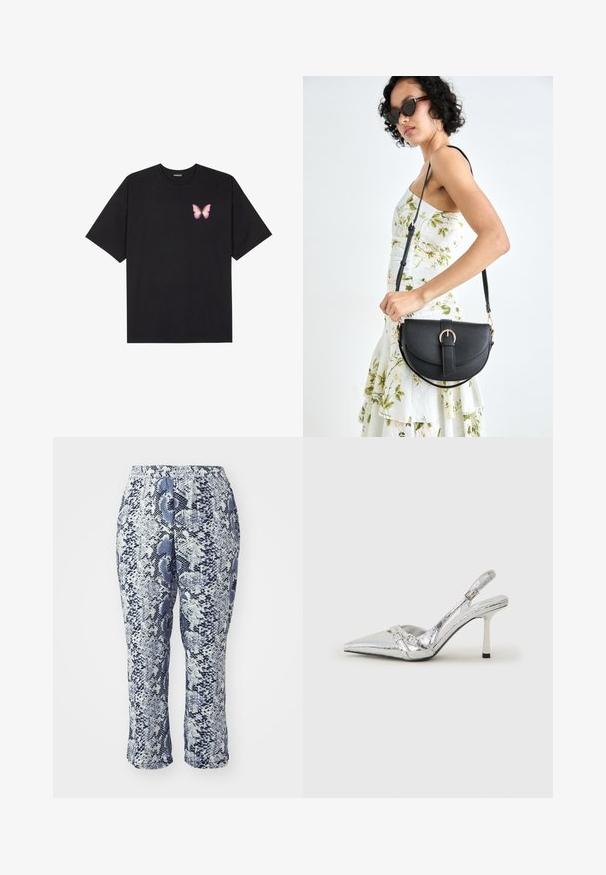 Schwarzes Baumwoll-T-Shirt mit kurzen Ärmeln, das ein kleines pinkes Schmetterlingsmotiv auf der linken Brust zeigt. Crewneck-Design mit einem entspannten Schnitt.; Schlangenprint-Hose in Blau und Weiß mit elastischem Bund, taillierter Passform und mittellanger Länge bis zur Wade. Der Stoff scheint glatt mit einem dezenten Glanz zu sein.; Silberner Slingback-High-Heel-Schuh mit spitz zulaufender Zehenpartie, metallic-finish, zwei dekorativen Riemen und einem schlanken Absatz mit schwarzer Spitze.; Schwarze Lederhandtasche mit geschwungener Form, abnehmbarem Tragegurt und goldenen Beschlägen. Die Tasche verfügt über einen Deckel mit einer Schnallen-Details.