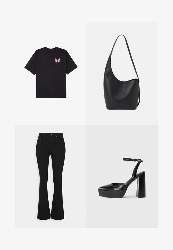 Zwarte katoenen t-shirt met korte mouwen, voorzien van een kleine roze vlinder graphic op de linkerkant van de borst. Crew neck ontwerp met een relaxte fit.; Zwarte flared jeans met een hoge taille, gemaakt van een zachte katoenmix. Voorzien van voorzakken, een metalen knoopsluiting en subtiele stikseldetails.; Zwarte plateauhakken met een puntige neus en verstelbare enkelband. Gemaakt van soepel leer, met een robuuste blokhak.; Zwarte leren hobo tas met een gladde textuur, kromme vorm en een enkele verstelbare schouderband; heeft een brede opening aan de bovenkant.
