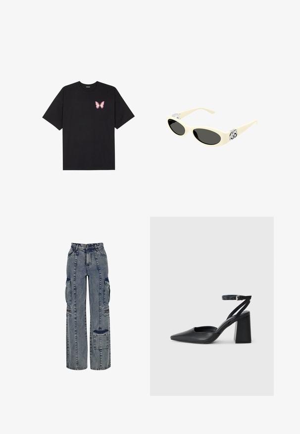 Camiseta de algodón negra de manga corta, con un pequeño gráfico de mariposa rosa en el lado izquierdo del pecho. Diseño de cuello redondo con un corte relajado.; Pantalones cargo de mezclilla en azul claro. Presentan piernas anchas, múltiples bolsillos laterales y acentos en mezclilla oscura contrastantes. Estructurados con costuras visibles.; Zapato de tacón puntiagudo de cuero negro con tira en el tobillo y tacón ancho. Textura plana, diseño elegante y estética minimalista.; Gafas de sol color crema con lentes ovalados, tinte negro y acentos metálicos con logotipo en las patillas. Textura suave, diseño de ojo de gato.; Bolso de piel negra con forma curva, correa desmontable y herrajes dorados. El bolso cuenta con una solapa con un detalle de hebilla.