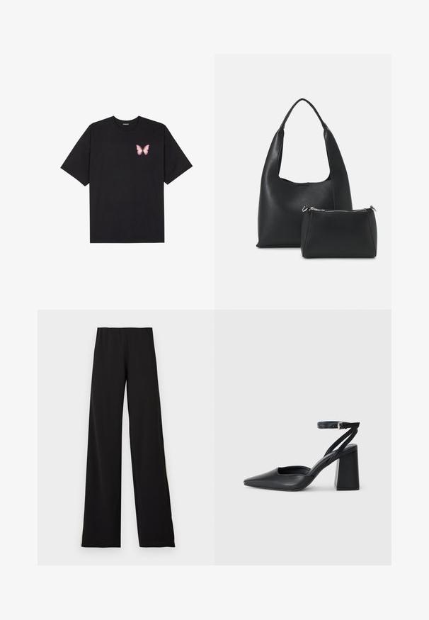 Schwarzes Baumwoll-T-Shirt mit kurzen Ärmeln, das ein kleines pinkes Schmetterlingsmotiv auf der linken Brust zeigt. Crewneck-Design mit einem entspannten Schnitt.; Schwarze weite Hosen aus weichem Stoff, mit einem elastischen Bund und einer glatten Textur, die eine klare Silhouette bietet.; Schwarze Leder-Pumps mit spitzer Zehe, einem Knöchelriemen und einem blockigen Absatz. Flache Textur, elegantes Design und minimalistische Ästhetik.; Even&Odd SET - Handtasche - black