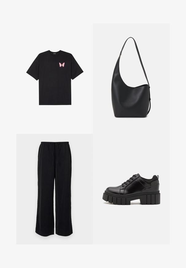 Black cotton t-shirt with short sleeves, featuring a small pink butterfly graphic on the left chest. Crew neck design with a relaxed fit.; Black wide-leg pants with a drawstring waist and side pockets. Made from lightweight fabric with a smooth texture. No visible patterns.; Black leather platform shoes with a chunky block heel, round toe, and traditional lace-up design. Features smooth texture and minimal detailing.; Black leather hobo bag with a smooth texture, curved shape, and single adjustable strap; features a wide opening at the top.