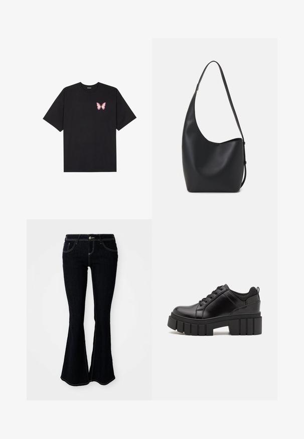 Melna kokvilnas T-krekls ar īsām piedurknēm, kuram priekšā kreisajā pusē ir neliels rozā tauriņa grafiskais attēls. Ar apaļu kaklu un brīvā stila piegriezumu.; Izplūdušas tumši zila denima bikses ar augstu vidukli, priekšējiem un aizmugurējiem kabatas un kontrastējošiem dzelteniem diegiem uz šuvēm.; Melnas ādas platformas kurpes ar masīvu bloku papēdi, apaļu purngalu un tradicionālu saistīšanas dizainu. Izceļas ar gludu tekstūru un minimālu apdari.; Melnas ādas hobo soma ar gludu tekstūru, izliekta forma un vienu regulējamu jostu; augšā ir plaša atvere.