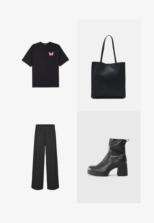 T-shirt nera in cotone con maniche corte, caratterizzata da una piccola grafica di una farfalla rosa sul lato sinistro del petto. Design a girocollo con una vestibilità rilassata.; Pantaloni neri a gamba larga con righe bianche verticali, caratterizzati da un design su misura e una texture liscia. Senza tasche visibili o hardware.; Stivali neri alla caviglia in pelle liscia, con zip laterale, tacco spesso e texture, e punta arrotondata.; Borsa tote in pelle nera con texture liscia, forma rettangolare e due manici lunghi. Nessun hardware o decorazione visibile.