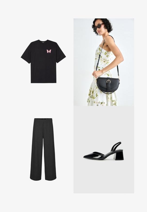 Schwarzes Baumwoll-T-Shirt mit kurzen Ärmeln, das ein kleines pinkes Schmetterlingsmotiv auf der linken Brust zeigt. Crewneck-Design mit einem entspannten Schnitt.; Schwarze weit geschnittene Hosen mit vertikalen weißen Nadelstreifen, die ein maßgeschneidertes Design und eine glatte Textur aufweisen. Keine sichtbaren Taschen oder Hardware.; Schwarze Lackleder-Slingback-High Heels mit spitzem Schuh und einem geometrischen Blockabsatz. Verfügt über ein schlankes, minimalistisches Design und eine glatte Textur.; Schwarze Lederhandtasche mit geschwungener Form, abnehmbarem Tragegurt und goldenen Beschlägen. Die Tasche verfügt über einen Deckel mit einer Schnallen-Details.