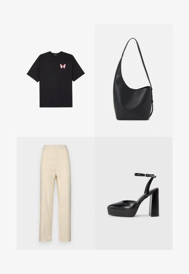 Black cotton t-shirt with short sleeves, featuring a small pink butterfly graphic on the left chest. Crew neck design with a relaxed fit.; Cream-colored, straight-leg trousers made of cotton, featuring front pleats, a smooth texture, and a waistband with no visible hardware.; Black platform heels with a pointed toe and adjustable ankle strap. Constructed from smooth leather, featuring a chunky block heel.; Black leather hobo bag with a smooth texture, curved shape, and single adjustable strap; features a wide opening at the top.