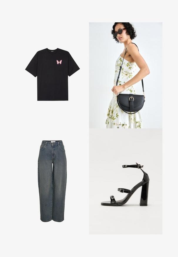 T-shirt de algodão preto com mangas curtas, apresentando um pequeno gráfico de borboleta rosa no lado esquerdo do peito. Design de gola redonda com um corte solto.; Calças de ganga de perna larga em azul escuro, feitas em tecido de algodão texturizado. Possui bolsos frontais e um fecho com fecho de correr e botão.; Sandálias pretas de verniz com salto alto, duas fivelas, biqueira quadrada e salto largo, apresentando uma textura lisa e brilhante.; Bolsa de couro preta com forma curva, alça destacável e detalhes em dourado. A bolsa possui uma aba com detalhe de fivela.
