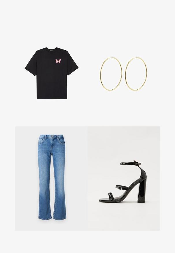 Czarny bawełniany t-shirt z krótkim rękawem, z małym różowym motylkiem na lewej piersi. Klasyczny dekolt z luźnym fasonem.; Jasnoniebieskie dżinsy w stylu dzwonów z wysokim stanem, pięcioma kieszeniami i subtelnym przetarciem. Wykonane z denimu z widocznym stębnowaniem i guzikowym zapięciem.; Czarne lakierowane sandały na obcasie z kwadratowym noskiem, z paskami wokół kostki i srebrnymi klamrami. Posiadają masywny słupek dla stabilności.; Złote kolczyki w kształcie obręczy o gładkim, zaokrąglonym wzorze. Cienkie i lekkie, z ciągłą pętlą, bez żadnych ozdób.