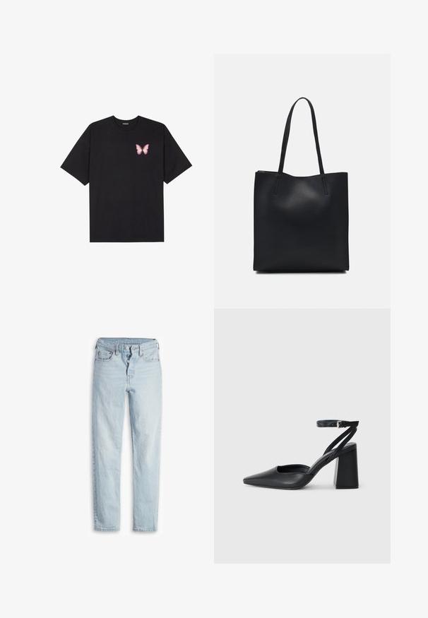 Tricou negru din bumbac cu mâneci scurte, având pe partea stângă a pieptului un mic grafic cu un fluture roz. Design cu guler rotund și croială lejeră.; Jeans din denim de culoare albastru deschis, cu talie înaltă, design cu cinci buzunare, fermoar cu nasture și croială dreaptă. Prezintă o ușoară decolorare și un finisaj texturat.; Pantofii cu toc ascuțit din piele neagră, cu breteaua pentru glezne și toc gros. Textură netedă, design elegant și estetică minimală.; Geantă tote neagră din piele, cu textură netedă, formă rectangulară și două mânere lungi. Fără hardware vizibil sau ornamente.