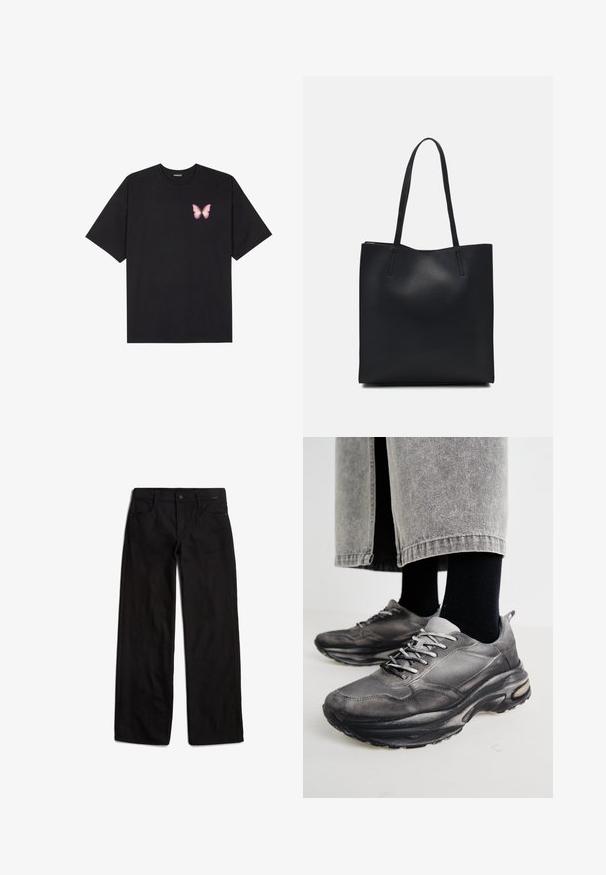 Black cotton t-shirt with short sleeves, featuring a small pink butterfly graphic on the left chest. Crew neck design with a relaxed fit.; Black denim pants with a straight-leg cut, front button closure, and five-pocket design. Smooth texture and minimal stitching details.; Black and gray athletic shoes feature a mesh upper, thick soles, and laces. They have a rounded toe and visible cushioning detail.; Black leather tote bag with smooth texture, rectangular shape, and two long handles. No visible hardware or embellishments.