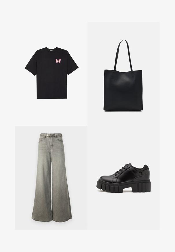 Svart bomullströja med korta ärmar, med en liten rosa fjärilsgrafik på vänster bröst. Rundad halsdesign med en avslappnad passform.; Vero Moda Tall VMANNET WIDE BELT - Wide leg - medium grey denim; Svarta läderplattformsskor med en kraftig blockklack, rund tå och traditionell snörningsdesign. Har en slät textur och minimal detaljering.; Svart lädertoffelväska med slät textur, rektangulär form och två långa handtag. Ingen synlig hårdvara eller dekorationer.