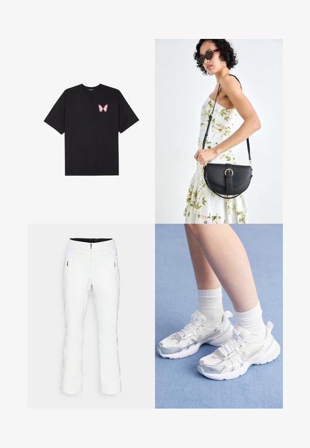 Černé bavlněné tričko s krátkým rukávem, na levém prsou s malou grafikou růžové motýlky. Design s kruhovým výstřihem a volným střihem.; Bílé lyžařské kalhoty s úzkým střihem, předním zipem, dvojitým zapínáním na knoflíky, bočními kapsami a elastickým pasem s pásky na suchý zip. Hladká textura.; Bílé sportovní boty s síťovinou a syntetickými překryvy, se stříbrným swoosh symbolem Nike, doplněné o bílé žebrované ponožky na modrém povrchu.; Černá kožená kabelka s křivkovým tvarem, odnímatelným popruhem a zlatými detaily. Kabelka má klopu s přezkou.