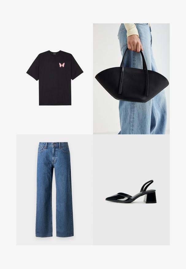 Fekete pamut póló rövid ujjakkal, bal mellkason egy kis rózsaszín pillangó grafikával. Kerek nyakú kialakítás, laza fazonnal.; Széles lábú kék farmerek, klasszikus öt zsebes kialakítással, gombos záródással és enyhe kopással, egyenes szegéllyel.; Fekete lakk bőr szandálkés magas sarkú cipő, hegyes orral és geometrikus tömbsarkakkal. Karcsú, minimalista dizájn és sima textúra jellemzi.; Fekete bőr kézitáska egyedi legyezőformával, lapos füllel. A felülete kőriszerű textúrájú és minimalista dizájnnal rendelkezik.